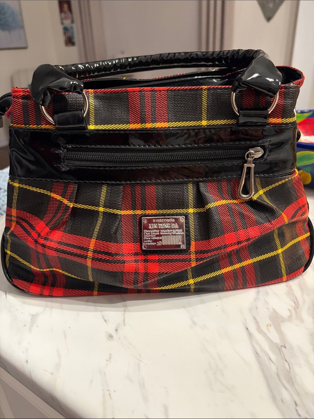 Plaid Red & Black Tote Bag with Patent Trim